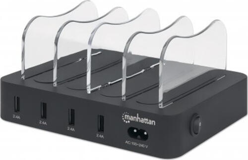 Manhattan 4-Port USB-Ladestation, Vier USB-A-Ports, bis zu 2,4 A/5 V pro Port, 34 W Ausgangsleistung gesamt, schwarz