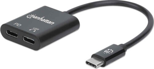 Manhattan USB-C Audioadapter mit Power Delivery-Ladeport, USB-C Stecker auf USB-C Audioport und USB-C Power Delivery (PD)-Port, schwarz