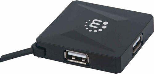 Manhattan 4-Port USB 2.0 Hub, Vier USB Typ A-Ports, integriertes USB-Kabel mit 60 cm Länge, schwarz
