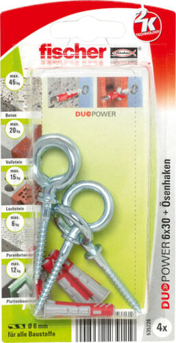 Fischer DuoPower 4 Stück(e) Schraubhaken & Dübelsatz 30 mm