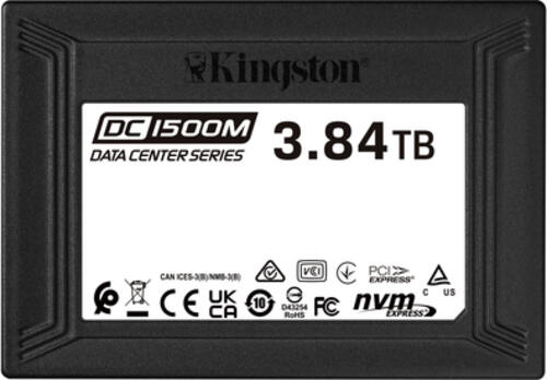 3.8 TB SSD Kingston DC1500M Data Center Series Mixed-Use SSD - 1DWPD, U.2/SFF-8639 (PCIe 3.0 x4), lesen: 3100MB/s, schreiben: 2700MB/s, TBW: 7PB