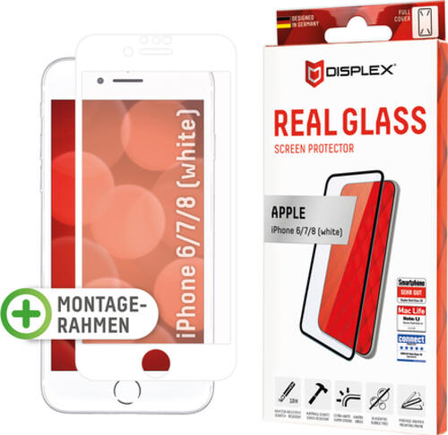 Displex Full Cover Panzerglas (10H) für Apple iPhone 6/7/8 (White), Montagerahmen, volle Displayabdeckung, Tempered Glas, kratzer-resistente Schutzfolie, hüllenfreundlich