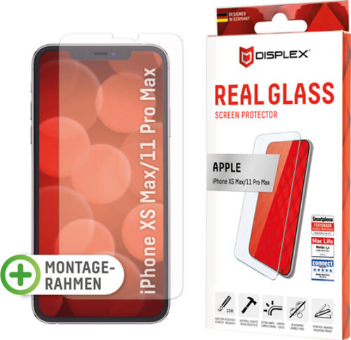 Displex Panzerglas (10H) für Apple iPhone XS Max/11 Pro Max, Montagerahmen, Tempered Glas, kratzer-resistente Schutzfolie, hüllenfreundlich