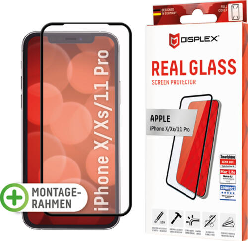 Displex Full Cover Panzerglas (10H) für Apple iPhone X/XS/11 Pro, Eco-Montagerahmen, volle Displayabdeckung, Tempered Glas, kratzer-resistente Schutzfolie, hüllenfreundlich