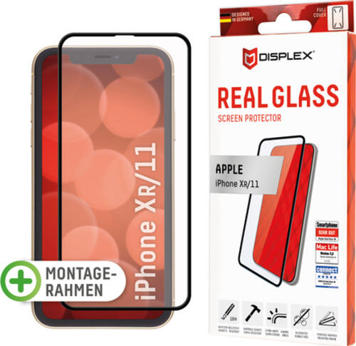 Displex Full Cover Panzerglas (10H) für Apple iPhone XR/11, Eco-Montagerahmen, volle Displayabdeckung, Tempered Glas, kratzer-resistente Schutzfolie, hüllenfreundlich