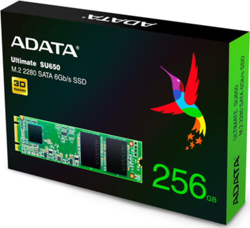 256 GB SSD ADATA Ultimate SU650, M.2/B-M-Key (SATA 6Gb/s), lesen: 520MB/s, schreiben: 460MB/s SLC-Cached, TBW: 140TB