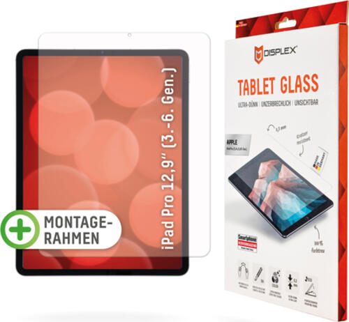 Displex Tablet Glass (9H) für iPad Pro 12,9 (3./4./5./6. Gen.), Eco-Montagerahmen L-Form, unzerbrechlich, ultra-dünn, unsichtbar