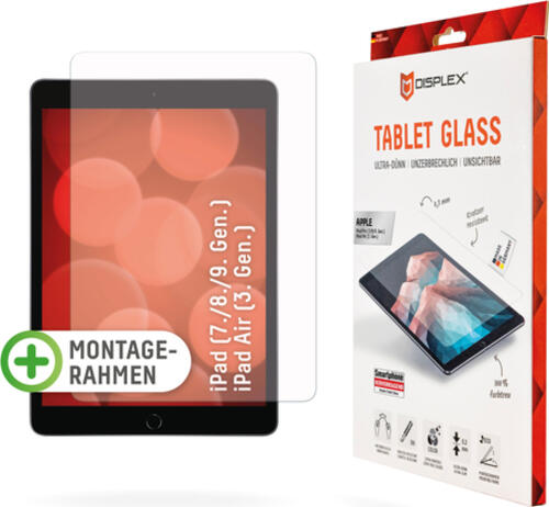 Displex Tablet Glass (9H) für iPad (7./8./9. Gen.)/Air (3. Gen.), Eco-Montagerahmen L-Form, unzerbrechlich, ultra-dünn, unsichtbar