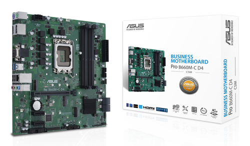 ASUS PRO B660M-C D4-CSM, micro ATX LGA 1700 Mainboard, 4x DDR4, max. 128 GB, 1x HDMI 2.1, 2x DisplayPort 1.4 ASUS PRO B660M-C D4-CSM, micro ATX LGA 1700 Mainboard, 4x DDR4, max. 128 GB, 1x HDMI 2.1, 2x DisplayPort 1.4