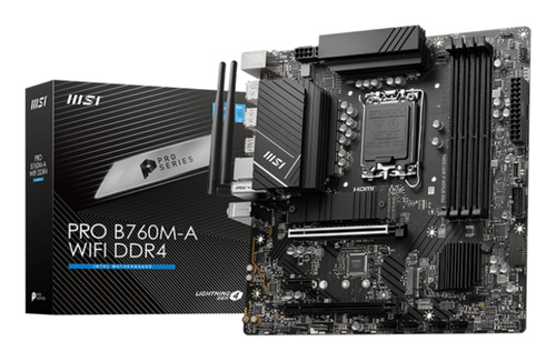 MSI PRO B760M-A WIFI DDR4&comma; micro ATX LGA 1700 Mainboard&comma; 4x DDR4&comma; max&period; 128 GB&comma; 2x HDMI&comma; 2x DisplayPort&comma; WiFi