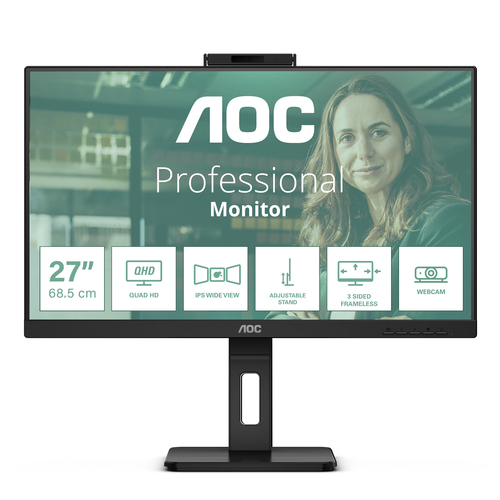 27 Zoll AOC Q27P3QW&comma; 68&comma;6cm TFT&comma; 100 Hz&comma; Quad HD&comma; 4ms&comma; 2x HDMI&comma; 1x DP&comma; integrierte Kamera&comma; integrierter USB-Hub