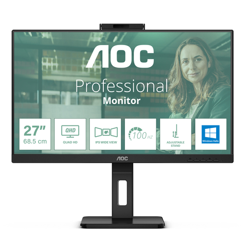 27 Zoll AOC Q27P3CW, 68,6cm TFT, 100 Hz, Quad HD, 4ms, 2x HDMI, 1x DP, integrierte Kamera, integrierter USB-Hub 27 Zoll AOC Q27P3CW, 68,6cm TFT, 100 Hz, Quad HD, 4ms, 2x HDMI, 1x DP, integrierte Kamera, integrierter USB-Hub