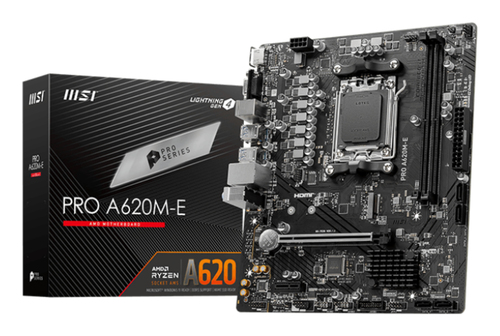 MSI PRO A620M-E, micro ATX AM5 Mainboard, 2x DDR5, max. 96 GB, 1x HDMI 2.1 MSI PRO A620M-E, micro ATX AM5 Mainboard, 2x DDR5, max. 96 GB, 1x HDMI 2.1