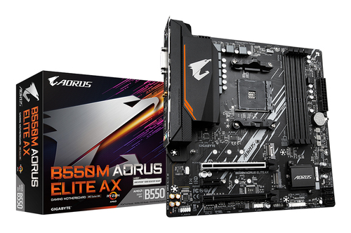 GIGABYTE B550M AORUS ELITE AX, micro ATX AM4 Mainboard, 4x DDR4, max. 128 GB, 1x HDMI 2.1, WiFi GIGABYTE B550M AORUS ELITE AX, micro ATX AM4 Mainboard, 4x DDR4, max. 128 GB, 1x HDMI 2.1, WiFi