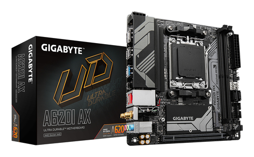 GIGABYTE A620I AX, mini ITX AM5 Mainboard, 2x DDR5, max. 96 GB, 1x HDMI 2.1, 1x DisplayPort 1.4, 1x USB-C, WiFi GIGABYTE A620I AX, mini ITX AM5 Mainboard, 2x DDR5, max. 96 GB, 1x HDMI 2.1, 1x DisplayPort 1.4, 1x USB-C, WiFi