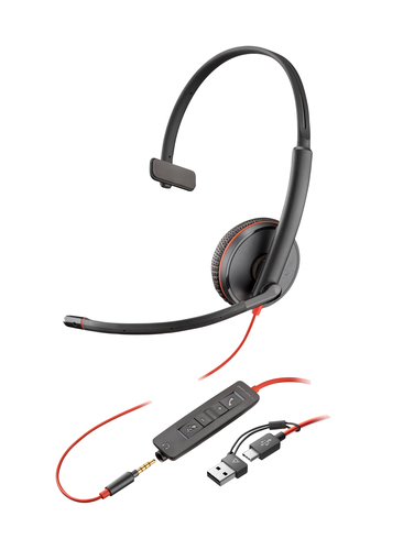 HP Poly Blackwire 3215 Monaural USB-C Headset &plus;3&period;5mm Plug &plus;USB-C&sol;A Adapter