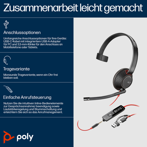 HP Poly Blackwire 5210 Monaural USB-C Headset &plus;3&period;5mm Plug &plus;USB-C&sol;A Adapter &lpar;Bulk&rpar;