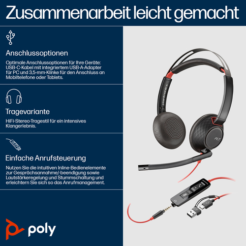 HP Poly Blackwire 5220 Stereo USB-C Headset &plus;3&period;5mm Plug &plus;USB-C&sol;A Adapter &lpar;Bulk&rpar;