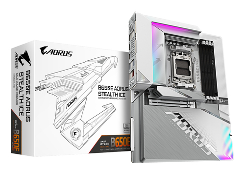 GIGABYTE B650E AORUS STEALTH ICE Mainboard - AMD Ryzen 9000er-Serie, 12+2+2 Phasen VRM, bis zu 8000 MHz DDR5 (OC), 1xPCIe 5.0 + 2xPCIe 4.0 M.2, 2,5 GbE LAN, WIFI 7, USB 3.2 Gen 2x2 GIGABYTE B650E AORUS STEALTH ICE Mainboard - AMD Ryzen 9000er-Serie, 12+2+2 Phasen VRM, bis zu 8000 MHz DDR5 (OC), 1xPCIe 5.0 + 2xPCIe 4.0 M.2, 2,5 GbE LAN, WIFI 7, USB 3.2 Gen 2x2