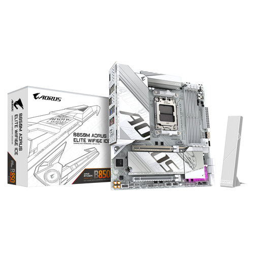 GIGABYTE B850M AORUS ELITE WIFI6E ICE Motherboard - AMD Ryzen 9000 Series CPUs, 12+2+1 Phasen Digital VRM, bis zu 8200MHz DDR5 (OC), 1xPCIe 5.0 + 1xPCIe 4.0 M.2, 2.5 LAN, WIFI 7, USB 3.2 Gen 2 GIGABYTE B850M AORUS ELITE WIFI6E ICE Motherboard - AMD Ryzen 9000 Series CPUs, 12+2+1 Phasen Digital VRM, bis zu 8200MHz DDR5 (OC), 1xPCIe 5.0 + 1xPCIe 4.0 M.2, 2.5 LAN, WIFI 7, USB 3.2 Gen 2