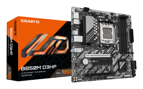 GIGABYTE B850M D3HP Motherboard - AMD Ryzen 9000 Series CPUs, 5+2+2 Phasen Digital VRM, bis zu 8200MHz DDR5 (OC), 1xPCIe 5.0 + 1xPCIe 4.0 M.2, GbE LAN, USB 3.2 Gen 2 GIGABYTE B850M D3HP Motherboard - AMD Ryzen 9000 Series CPUs, 5+2+2 Phasen Digital VRM, bis zu 8200MHz DDR5 (OC), 1xPCIe 5.0 + 1xPCIe 4.0 M.2, GbE LAN, USB 3.2 Gen 2