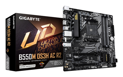GIGABYTE B550M DS3H AC R2&comma; micro ATX AM4 Mainboard&comma; 4x DDR4&comma; max&period; 128 GB&comma; 1x HDMI 2&period;1&comma; 1x DisplayPort 1&period;4&comma; WiFi