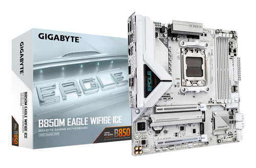 GIGABYTE B850M EAGLE WIFI6E ICE&comma; micro ATX AM5 Mainboard&comma; 4x DDR5&comma; max&period; 256 GB&comma; 1x HDMI 2&period;1&comma; 2x DisplayPort 1&period;4&comma; 1x USB-C&comma; WiFi