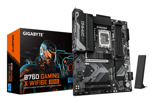 GIGABYTE B760 GAMING X WIFI6E GEN5&comma; ATX LGA 1700 Mainboard&comma; 4x DDR5&comma; max&period; 256 GB&comma; 1x HDMI 2&period;1&comma; 1x DisplayPort 1&period;2&comma; 1x USB-C&comma; WiFi