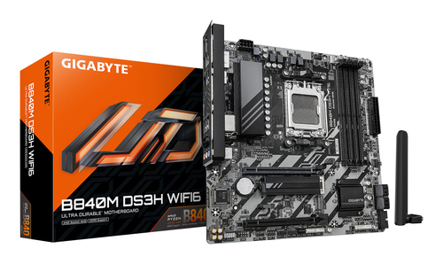 GIGABYTE B840M DS3H WIFI6&comma; micro ATX AM5 Mainboard&comma; 4x DDR5&comma; max&period; 256 GB&comma; 1x HDMI 2&period;1&comma; 2x DisplayPort 1&period;4&comma; 1x USB-C&comma; WiFi