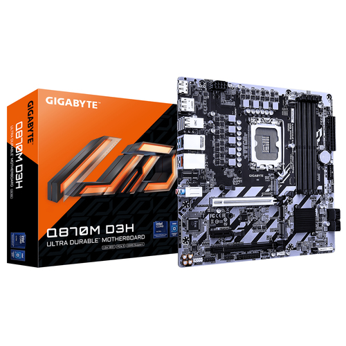 GIGABYTE Q870M D3H&comma; micro ATX LGA 1851 &lpar;V1&rpar; Mainboard&comma; 4x DDR5&comma; max&period; 256 GB&comma; 1x HDMI 2&period;1&comma; 2x DisplayPort 2&period;1&comma; 1x USB-C