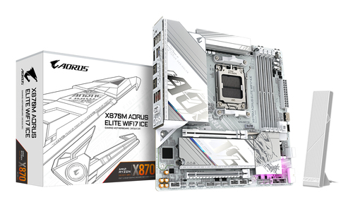 GIGABYTE X870M AORUS ELITE WIFI7 ICE, micro ATX AM5 Mainboard, 4x DDR5, max. 256 GB, 1x HDMI 2.1, 1x USB-C, WiFi GIGABYTE X870M AORUS ELITE WIFI7 ICE, micro ATX AM5 Mainboard, 4x DDR5, max. 256 GB, 1x HDMI 2.1, 1x USB-C, WiFi