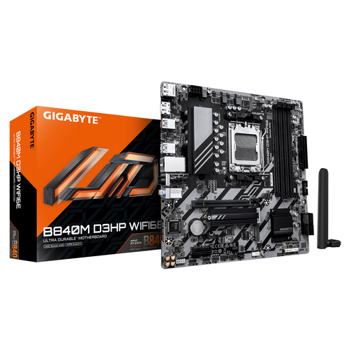 GIGABYTE B840M D3HP WIFI6E Mainboard – AMD Ryzen 9000 CPUs, 8+2+2-Phasen-VRM, bis zu 8200 MHz DDR5 (O.C.), 2 PCIe-4.0-M.2, Wi-Fi 6E, 1-GbE-LAN, USB 3.2 Gen 2 GIGABYTE B840M D3HP WIFI6E Mainboard – AMD Ryzen 9000 CPUs, 8+2+2-Phasen-VRM, bis zu 8200 MHz DDR5 (O.C.), 2 PCIe-4.0-M.2, Wi-Fi 6E, 1-GbE-LAN, USB 3.2 Gen 2
