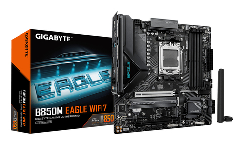 GIGABYTE B850M EAGLE WIFI7 Mainboard – AMD Ryzen 9000 Series CPUs, digitales 8+2+2-Phasen-VRM, bis zu 8200 MHz DDR5 (O.C.), 1 PCIe-5.0-M.2 + 1 PCIe-4.0-M.2, Wi-Fi 7, 2.5-GbE-LAN, USB 3.2 Gen 2 GIGABYTE B850M EAGLE WIFI7 Mainboard – AMD Ryzen 9000 Series CPUs, digitales 8+2+2-Phasen-VRM, bis zu 8200 MHz DDR5 (O.C.), 1 PCIe-5.0-M.2 + 1 PCIe-4.0-M.2, Wi-Fi 7, 2.5-GbE-LAN, USB 3.2 Gen 2