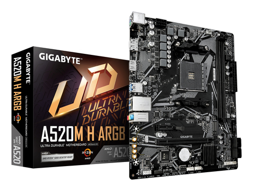 GIGABYTE A520M H ARGB&comma; micro ATX AM4 Mainboard&comma; 2x DDR4&comma; max&period; 64 GB&comma; 1x HDMI 2&period;1&comma; 1x DisplayPort 1&period;4