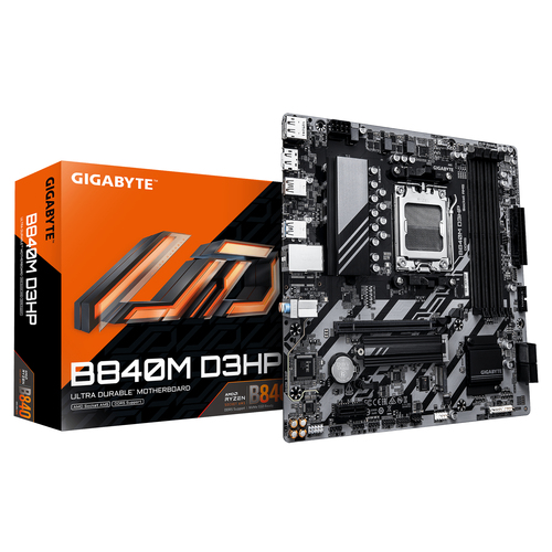 GIGABYTE B840M D3HP, micro ATX AM5 Mainboard, 4x DDR5, max. 256 GB, 1x HDMI 2.1, 2x DisplayPort 1.4, 1x USB-C GIGABYTE B840M D3HP, micro ATX AM5 Mainboard, 4x DDR5, max. 256 GB, 1x HDMI 2.1, 2x DisplayPort 1.4, 1x USB-C
