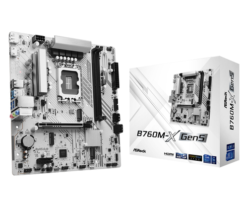 Asrock B760M-X Gen5&comma; micro ATX LGA 1700 Mainboard&comma; 2x DDR5&comma; max&period; 128 GB&comma; 1x HDMI&comma; 1x DisplayPort 1&period;4&comma; 1x USB-C