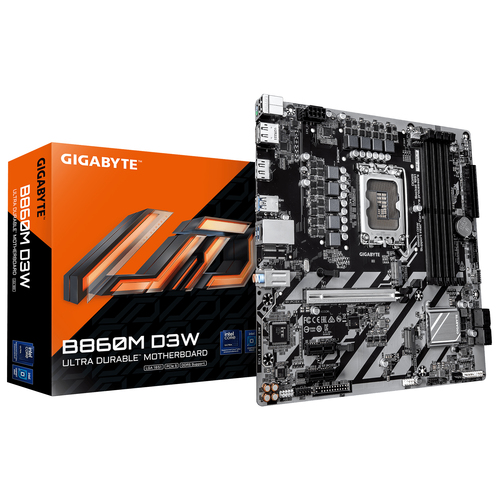 GIGABYTE B860M D3W, micro ATX LGA 1851 (V1) Mainboard, 4x DDR5, max. 256 GB, 1x HDMI 2.1, 2x DisplayPort 2.1 GIGABYTE B860M D3W, micro ATX LGA 1851 (V1) Mainboard, 4x DDR5, max. 256 GB, 1x HDMI 2.1, 2x DisplayPort 2.1