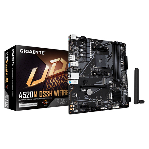 GIGABYTE A520M DS3H WIFI6E&comma; micro ATX AM4 Mainboard&comma; 4x DDR4&comma; max&period; 128 GB&comma; 1x HDMI 2&period;1&comma; 1x DisplayPort 1&period;4&comma; WiFi