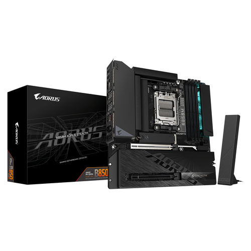 GIGABYTE B850M AORUS STEALTH&comma; micro ATX AM5 Mainboard&comma; 4x DDR5&comma; max&period; 256 GB&comma; 1x HDMI 2&period;1&comma; 1x DisplayPort 1&period;4&comma; 1x USB-C&comma; WiFi