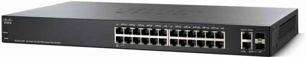 Cisco SF220 Rackmount Smart Switch, 24x RJ-45, 2x RJ-45/SFP, PoE+, Backplane: 8.8Gb/s Cisco SF220 Rackmount Smart Switch, 24x RJ-45, 2x RJ-45/SFP, PoE+, Backplane: 8.8Gb/s