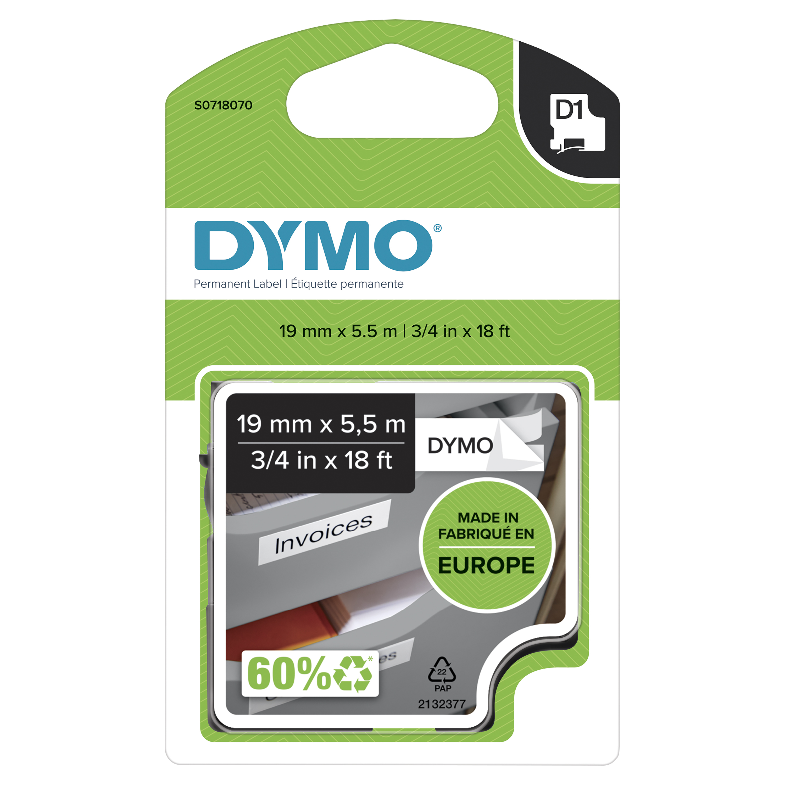 Dymo D1 Permanent Beschriftungsband 19mm/5,5m, schwarz/ weiß Dymo D1 Permanent Beschriftungsband 19mm/5,5m, schwarz/ weiß
