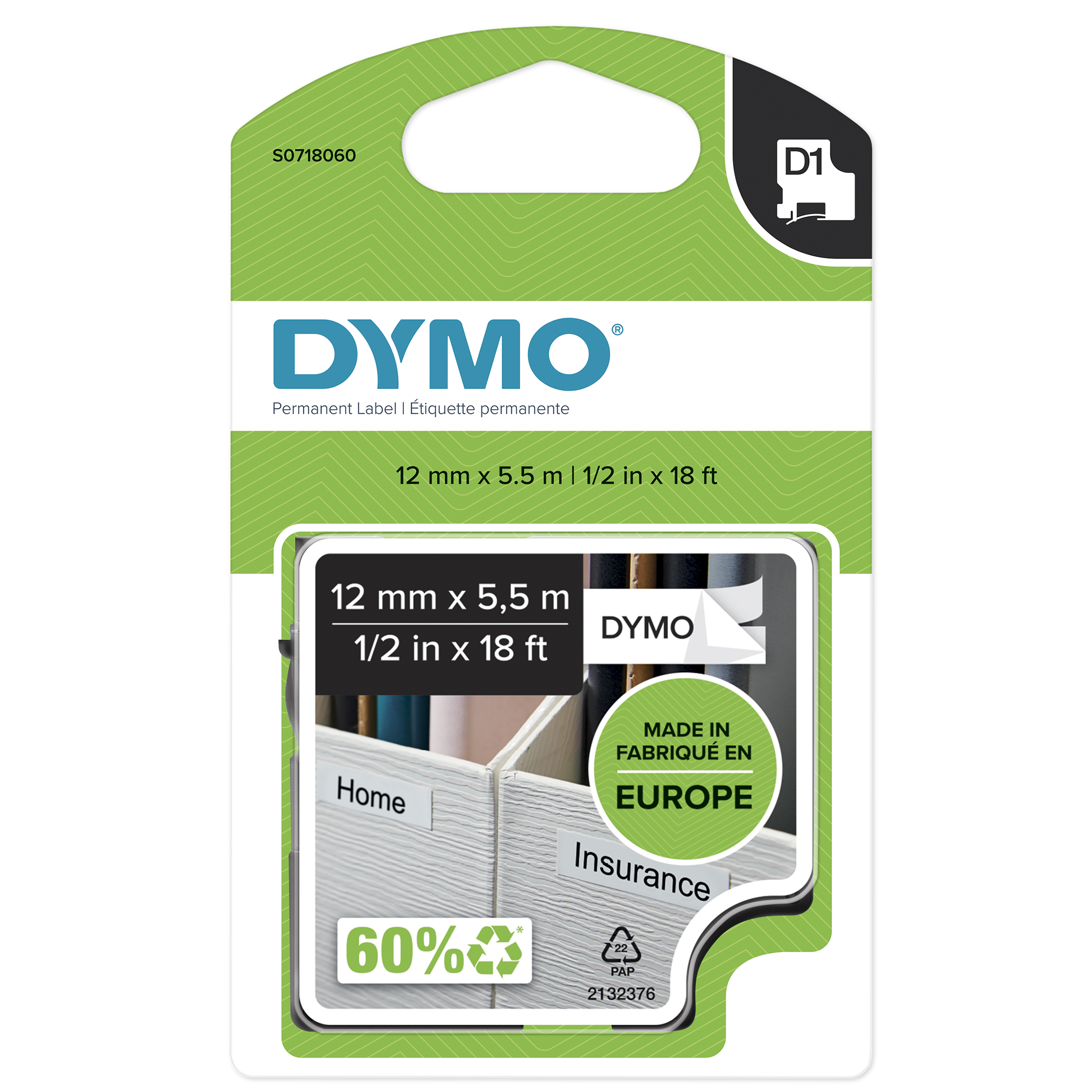 Dymo D1 Permanent 12mm x 5.5m, Schwarz auf Weiß Dymo D1 Permanent 12mm x 5.5m, Schwarz auf Weiß