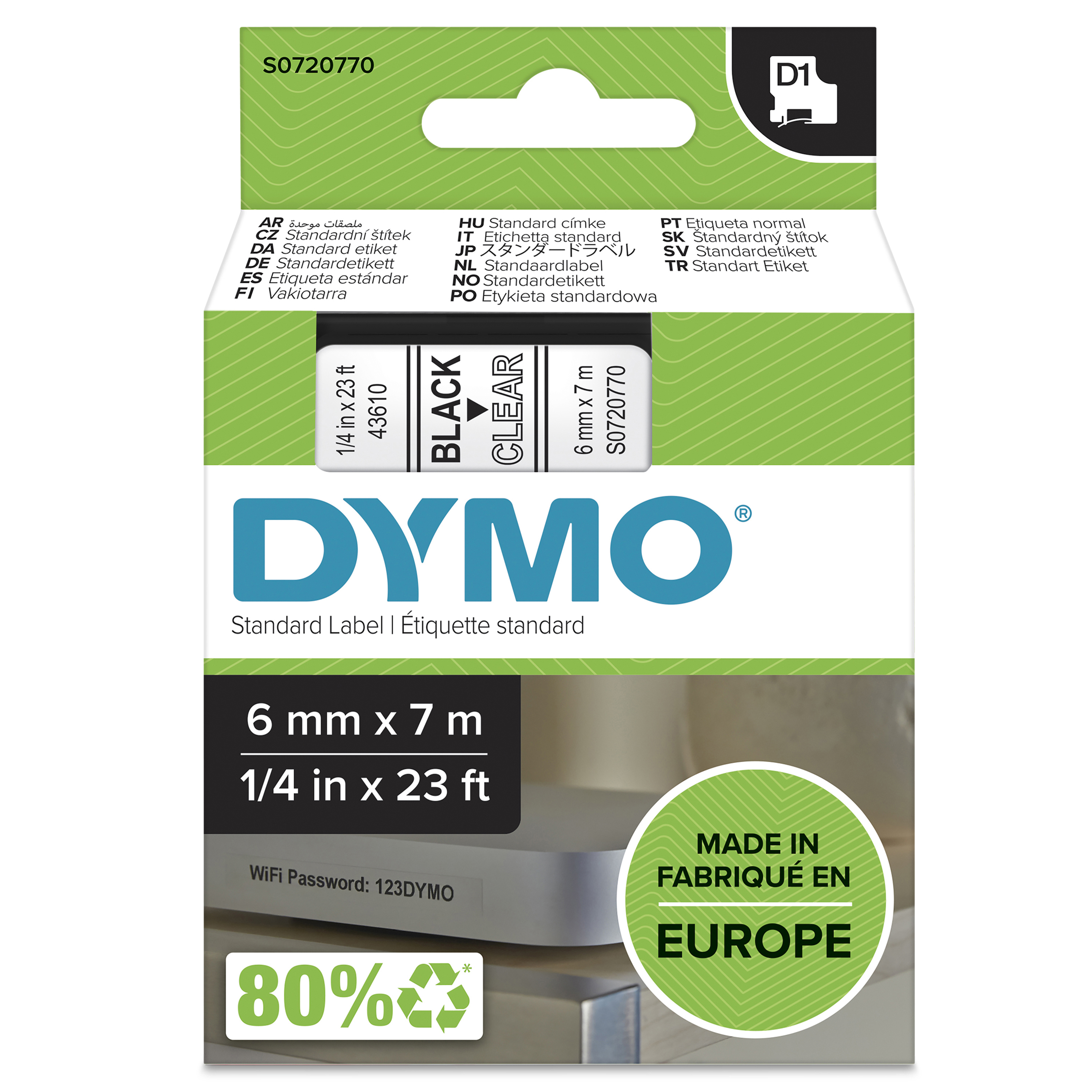 Dymo D1 6mm x 7m, Schwarz auf Transparent Dymo D1 6mm x 7m, Schwarz auf Transparent