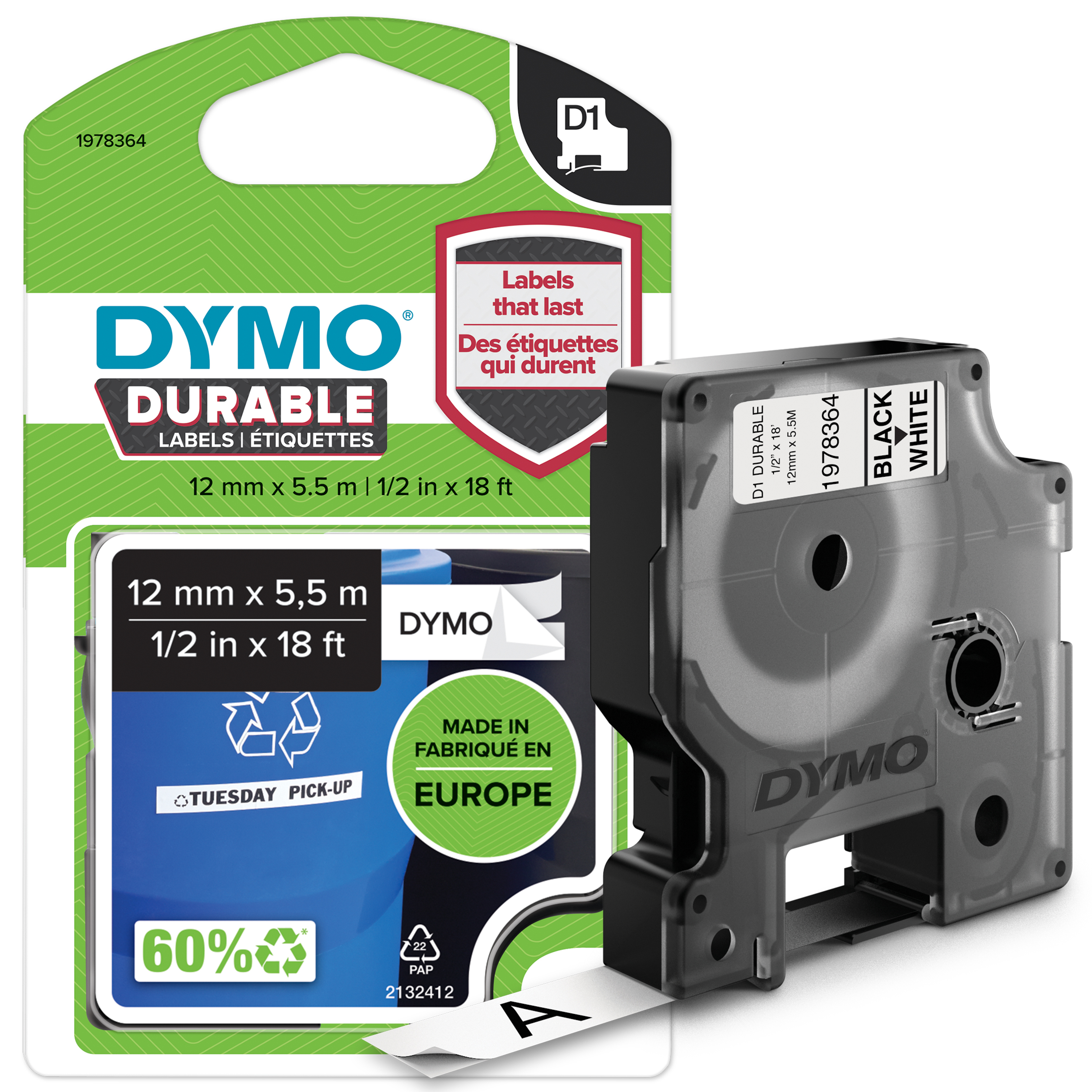 Dymo D1 Durable Beschriftungsband 12mm, schwarz/weiß Dymo D1 Durable Beschriftungsband 12mm, schwarz/weiß