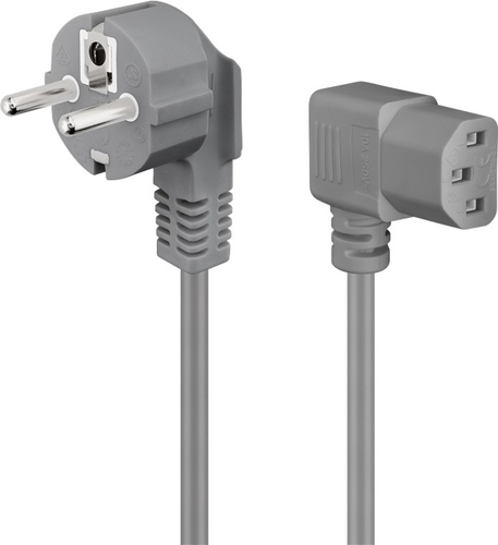 Beidseitig abgewinkeltes Kaltger&auml;te-Anschlusskabel&comma; 2 m&comma; Grau&comma; &lpar;3&ast;0&comma;75 mm&sup2;&rpar; Schutzkontaktstecker Hybrid &lpar;Typ E&sol;F&comma; CEE 7&sol;7&rpar; 90&deg; &gt; Ger&auml;tebuchse C13 &lpar;Kaltger&auml;teanschluss&rpar; 90&deg;