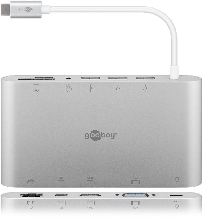 USB-C Multiport-Adapter aus Aluminium > HDMI, VGA, DisplayPort, 3x USB 3.0, USB-C silber goobay