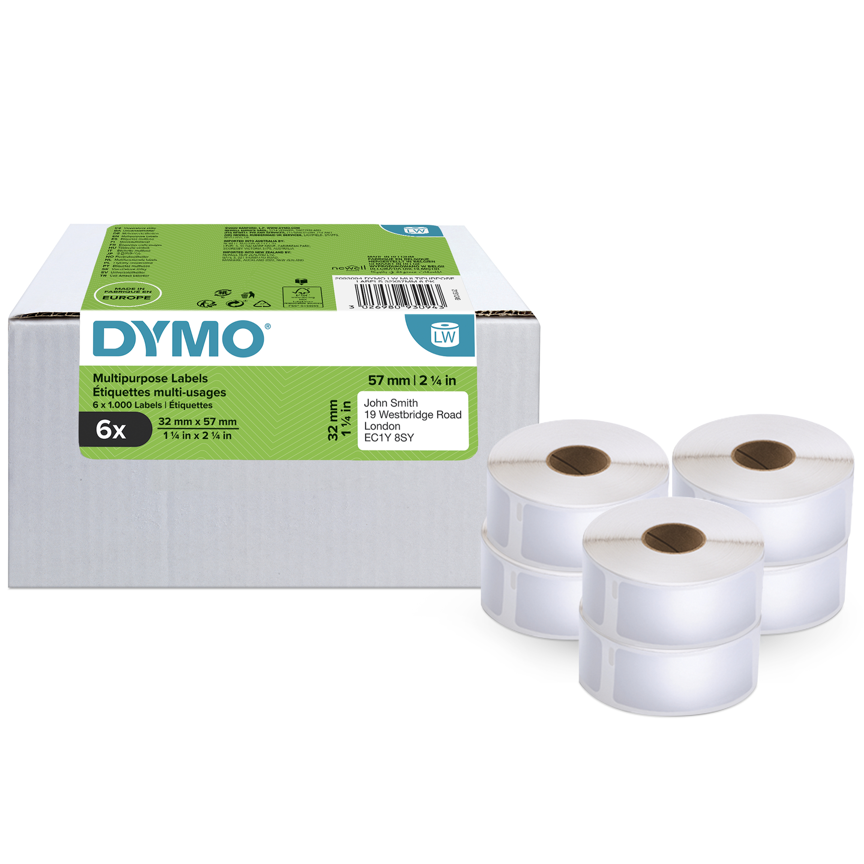 Dymo LW-Mehrzwecketiketten, 32 mm x 57 mm, 6 Rollen 1000 Etiketten für LabelWriter-Beschriftungsgeräte Dymo LW-Mehrzwecketiketten, 32 mm x 57 mm, 6 Rollen 1000 Etiketten für LabelWriter-Beschriftungsgeräte
