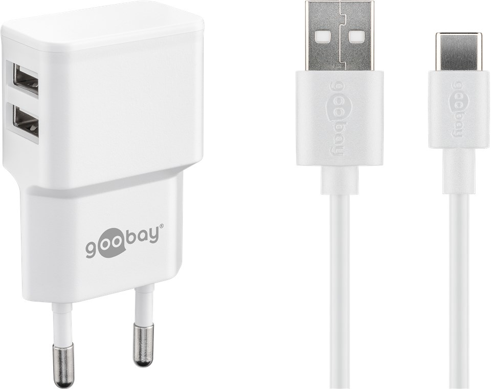 Goobay USB-Dual-Ladeset, USB-C, 2,4A, 12W, für Mobilgeräte Indoor weiss