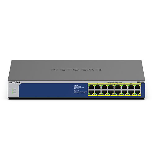 NETGEAR GS516PP Unmanaged Switch, 16x RJ-45, Backplane: 32 Gbit/s, PoE NETGEAR GS516PP Unmanaged Switch, 16x RJ-45, Backplane: 32 Gbit/s, PoE