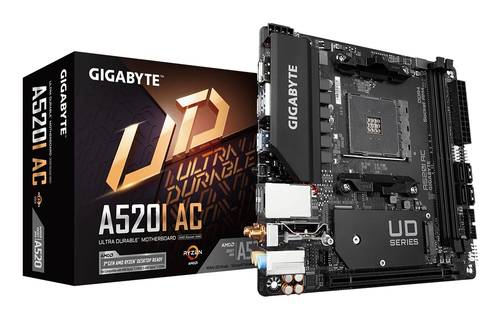 GIGABYTE A520I AC&comma; mini ITX AM4 Mainboard&comma; 2x DDR4&comma; max&period; 64 GB&comma; 2x HDMI 2&period;1&comma; 1x DisplayPort 1&period;4&comma; WiFi